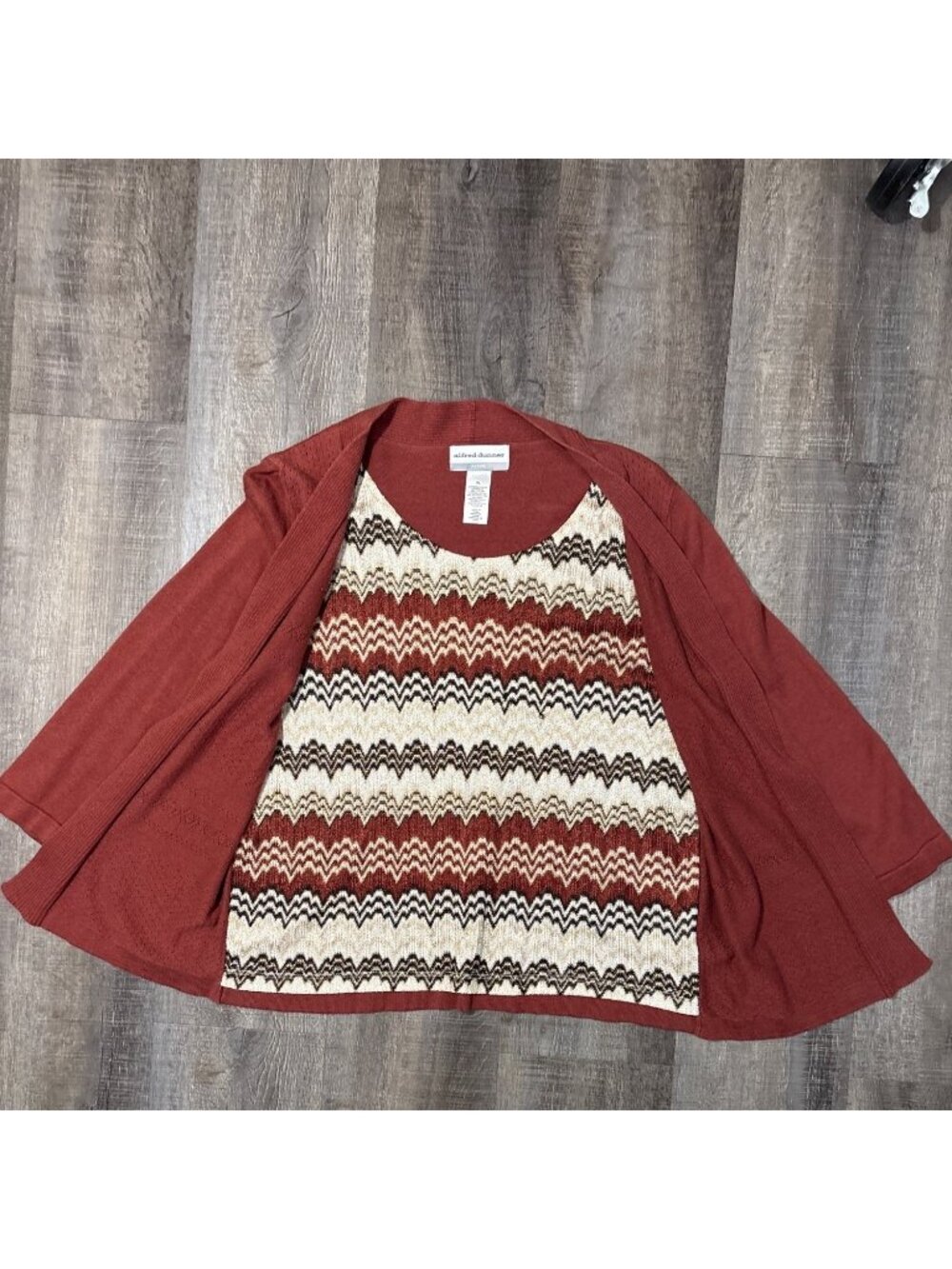 Alfred Dunner Chevron Layered Top Womens Petite Cardigan Rust Gold Tan Patterned - Picture 8 of 16